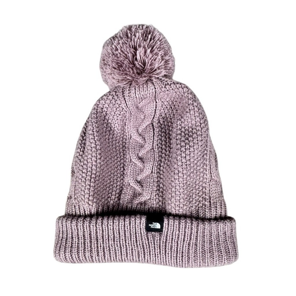 The North Face Beanie Hat Womens One Size Purple Cable Knit Pom Fleece